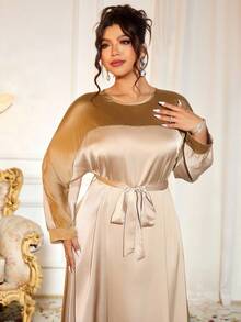Cravure Plus Size Round Neck Long Sleeve Foil Patchwork Contrast Color Waist Tie Pullover Dress, Champagne, Autumn, Elegant, Casual Vacation Party Commute - Khaki - View 3