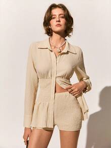 Poéselle 女士休闲日常通勤简约纯色纹理面料长袖衬衫短裤套装，春夏秋季 - 杏色 - 查看 4