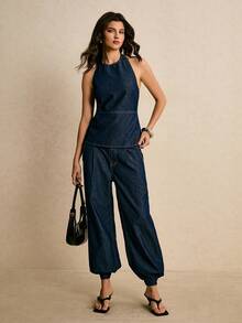 Poéselle Women's Casual Daily Commute Low Waist Side Pockets Tapered Leg Jeans - Dark Wash - View 5