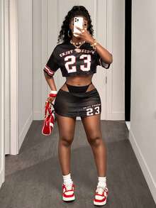 BamGleam Women's Numeric Print Round Neck Short Sleeve Cropped Top And Bodycon Mini Skirt Sexy 2-Piece Set - Multicolor - View 6