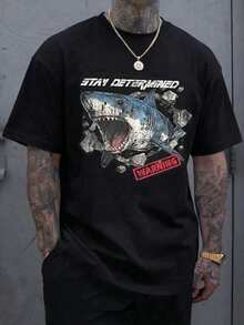 HIMLAND Men's Casual Everyday Shark Illustration Print T-Shirt - Black - View 3