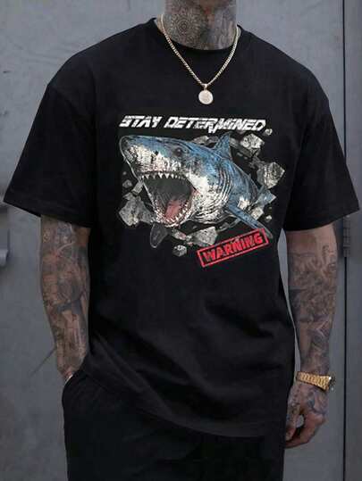 HIMLAND Men's Casual Everyday Shark Illustration Print T-Shirt