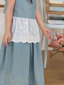 DAZY 2pcs Girls (Small) Round Neck Contrast Lace Denim Top And Denim Skirt Set, Fall Outfit - Blue - View 10