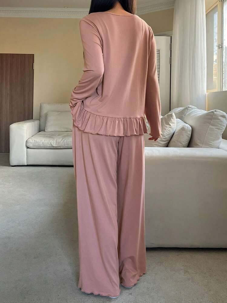Sweet Bow Decor 2 In 1 Ruffle Trim Women Pajama Set