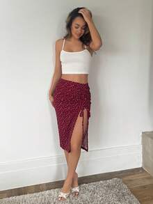 RebeccaVibe 2 件套女士酒红色针织纹理吊带背心上衣和酒红色心形印花抽绳开衩裙，度假装 - 彩色 - 查看 1