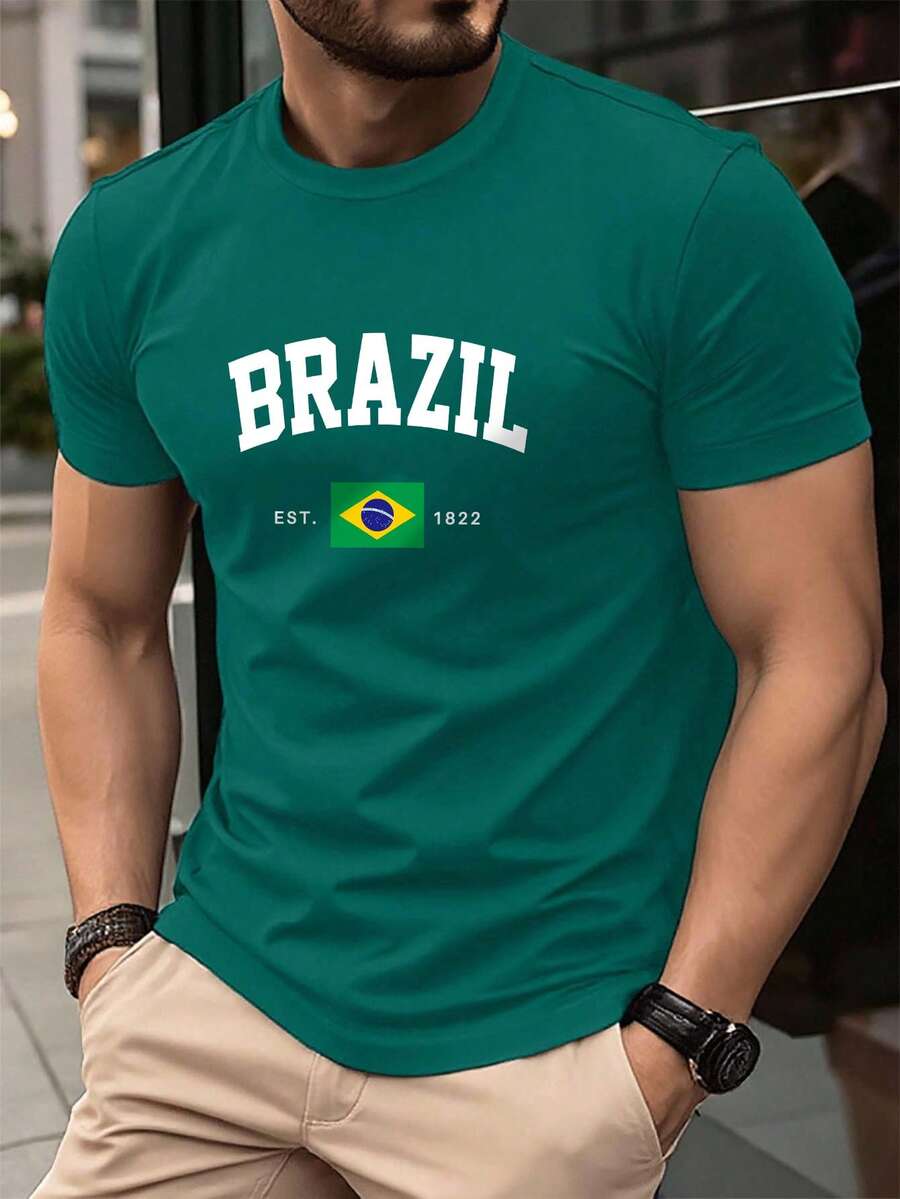 Manfinity Homme 男士休闲字母印花短袖T恤，夏季 - 綠色 - 查看 1