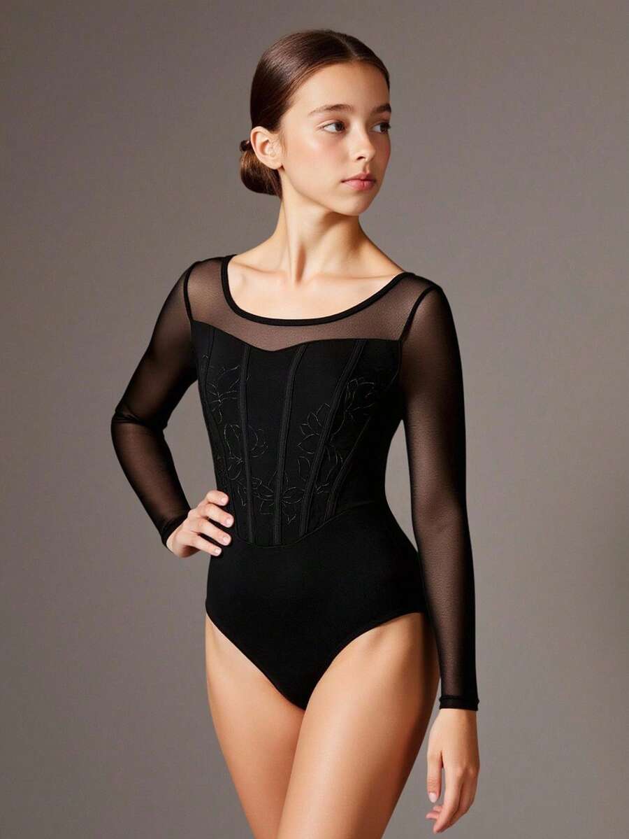 Teen Girls' Black Minimalist High Stretch Fabric Leotard With Rose Embroidery & Mesh Splice, Suitable For School, Professional Training, Ballet, Gymnastics, Dance Studio Practice