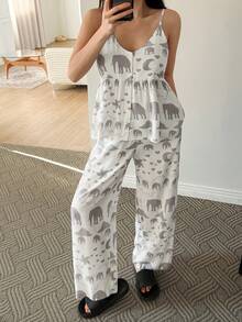 DAZY Animal Silhouette Print Camisole Top And Loose Pajama Pants Women Sleepwear Set - White - View 3
