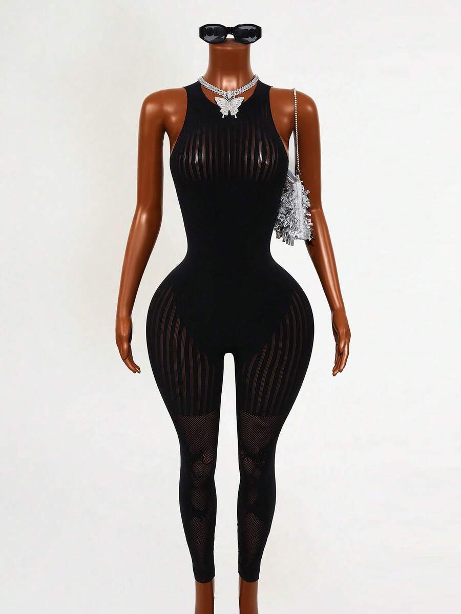 Mistrie Women's Sexy Hollow Out Mesh Sheer Jumpsuit - Black - View 1