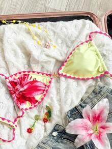 Swim Mod White,Summer,Casual Sexy,Vacation,Holiday Women Lily Print Floral Applique Swimwear Set With Cover Up Beach Golf Resort Pool Bikini Bathing Suit - Yellow - View 8