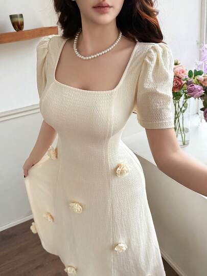 Feyla Đầm midi ngắn tay cổ vuông màu trơn dành cho nữ, họa tiết hoa 3D.