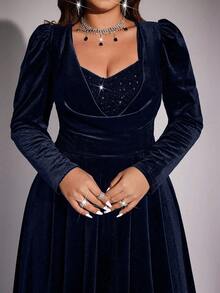 Viva Relle Plus Size Solid Color Sweetheart Neck Draped Elegant Long Sleeve Dress - Royal Blue - View 1