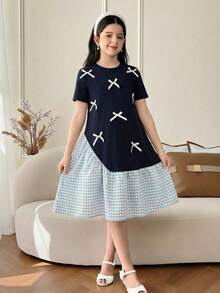 SHEIN Tween Girl Woven Solid Color Plaid Patchwork Cute Bow Decor Round Neck Short Sleeve Loose Dress, Blue Dress, Suitable For Travel, Daily Outing, Back To School - Royal Blue - View 1