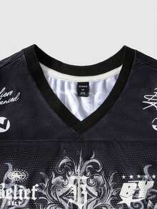 ROMWE MEN Street Life 男士网眼拼接运动短袖T恤，运动球衣 - 黑色 - 查看 3