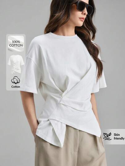 Ontre 2026 Spring/Summer New White Short Sleeve Ruched Side Slit T-Shirt, Irregular Hem Top, Suitable For Modern Urban Party, Back To School, Urban Minimalist Casual Daily, Bohemian Style, Vacation, Festivals, Spring, Valentine's Day Carnival, Women Beach Party Elegant