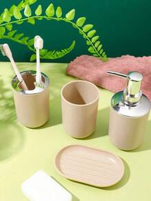 4pcs Beige Bathroom Kit Lotion Bottle+Toothbrush Holder+Mouthwash Cup+Soap Box (One For Each) - Multicolor - View 9