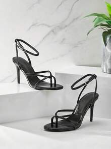 SHUZIA Women's Elegant Minimalist Patent PU Ankle Strap Stiletto Heel Sandals - Black - View 6