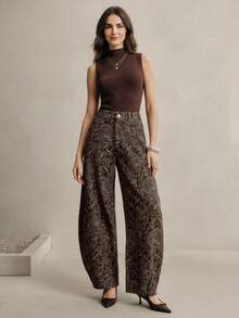 Anewsta 现代设计数码印花休闲弯腰咖啡色牛仔裤，高腰宽松显瘦直筒裤，女士春秋新款 - 咖啡棕 - 查看 6