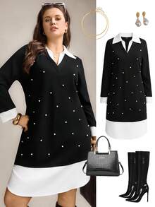 Zelara 大码时尚通勤撞色串珠装饰连衣裙 - 黑與白 - 查看 2