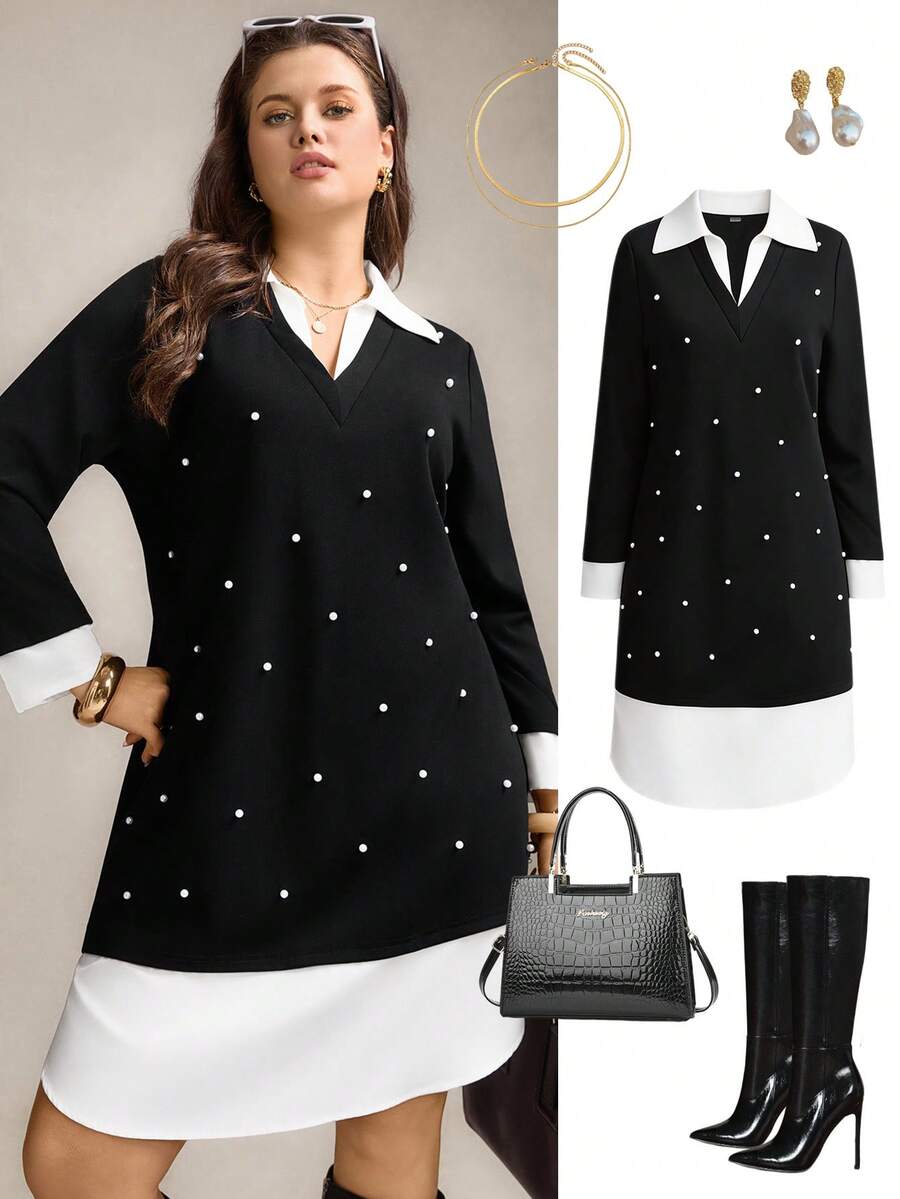 Zelara 大码时尚通勤撞色串珠装饰连衣裙