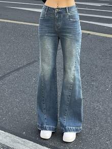 DAZY 女士西部牛仔喇叭牛仔裤，开衩破洞休闲优雅牛仔裤，春秋Y2K风格 - 藍色 - 查看 6