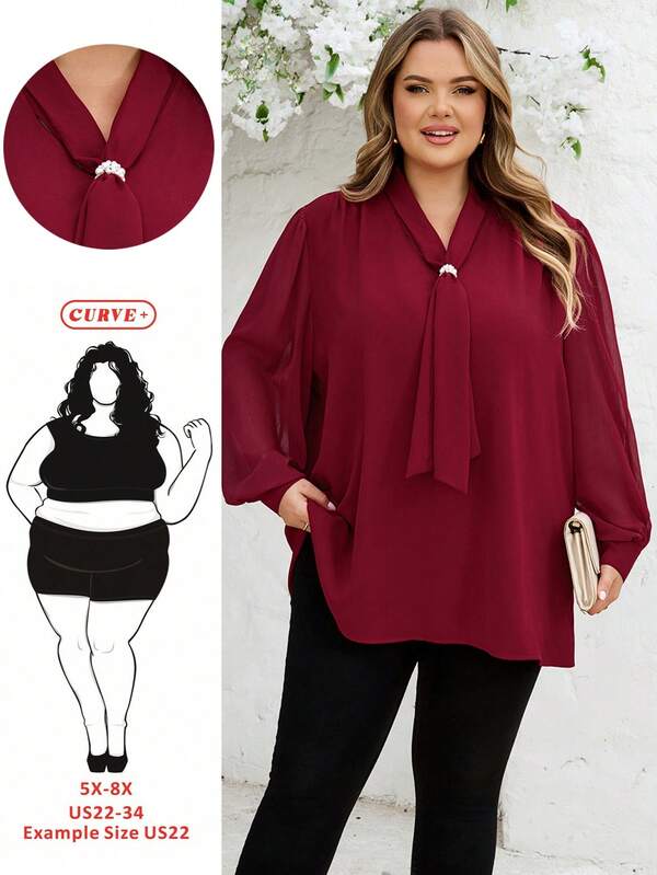 SHEIN CURVE+ Curve Mărimea US22Festival de muzică, Vacanță la mare, BohemiaCURVE PLUS / / Cămașă de damă din șifon roșu texturat, cu guler perlat, stil business/casual, roșie