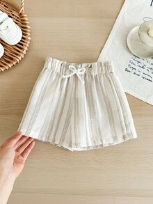 SHEIN Babygirl Vacation Casual Cute Apricot Versatile Striped Elastic Waist Shorts - Apricot - View 1