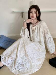 Dazy Plus Plus Size Solid Color Hollow Out Round Neck Long Sleeve Dress Maxi Dress Sundress Vacation Outfits Women - Apricot - View 9