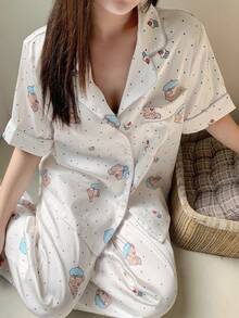 Dazy Plus Bộ đồ ngủ 2 món in hình hoạt hình dễ thương, áo tay ngắn dáng rộng và quần dài, thích hợp cho mùa xuân/thu. - Màu be - Xem 6