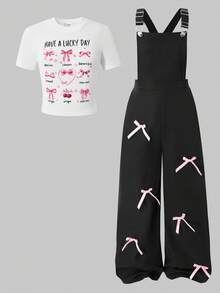 SHEIN ChillGRL 2pcs/Set Tween Girls' Crew Neck Fitted Short Sleeve Bow Print T-Shirt And Letter Print Suspender Pants Set - Black - View 5