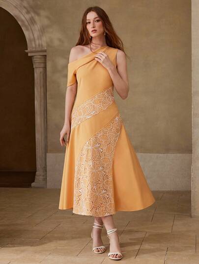 MOTF PREMIUM WOMEN'S LACE PATCHWORK DRESS, ELEGANT FOR DATES, SPRING/SUMMER