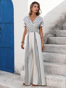 Breezaya 女士夏季法式休闲度假极简V领短袖交叉系带腰部长款条纹印花休闲连体裤 - 杏色 - 查看 7