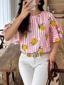 Elouméa Pink Striped & Yellow Lemon Print Round Neck Bow Decor Sleeve Blouse, Spring/Summer Holiday - Multicolor - View 5
