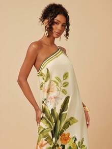 Travachic Women's Tropical Print Asymmetrical Shoulder Vacation Dress - Yellow - View 6