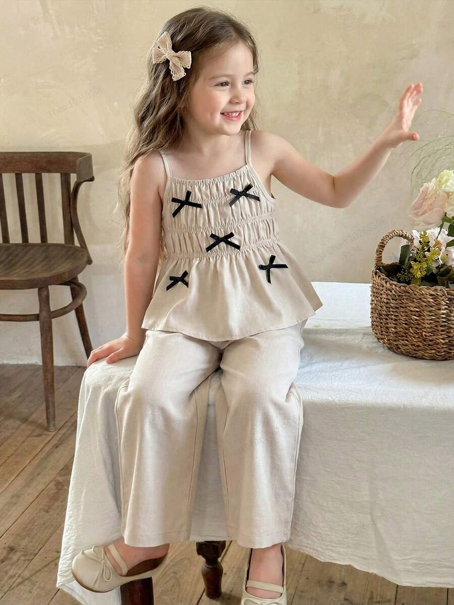 2pcs Young Girl Woven Solid Color Camisole Top And Long Pants Set Summer Lounge Set Tweens Bell Bottom Jumpsuit Kids Linen Suit For Girls Young Girls Cami And Wide Leg Pants Set Flare Pants Set Kids