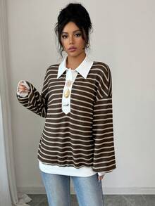 Selianne Brown Striped Long-Sleeve Sweatshirt/T-Shirt Top With Metal Buckle Accents - Fashionable Casual For Daily Outings, Christmas & New Year, Women's Autumn & Winter Wear - Brown - View 4