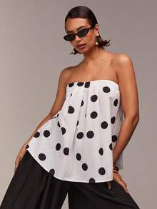 COSMINA Blusa regata folgada com estampa de bolinhas, elegante para o dia a dia, perfeita para um estilo urbano, peça fashion essencial para o verão, blusa feminina de verão com detalhe franzido. - Preto e Branco - Ver 2