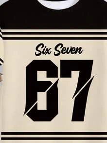 SHEIN Explorewe 2件套幼儿男童休闲时尚创意数字67条纹黑米色字母印花短袖T恤和短裤套装，舒适日常穿着，温暖夏日风格，适合春夏季节。 - 彩色 - 查看 4