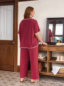 Doze Lane Plus Size Casual American Style Turndown Collar Short Sleeve Loose Soft Pajama Set - Burgundy - View 2