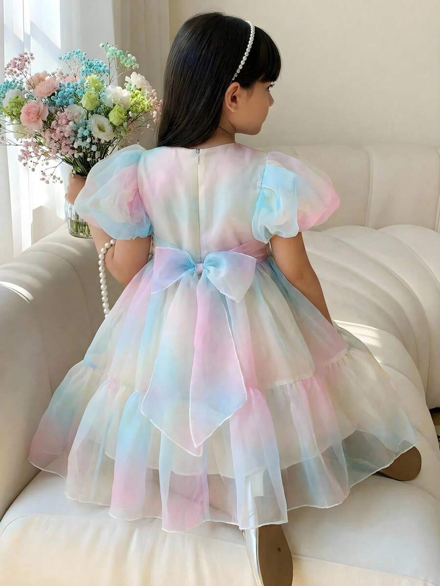 Tween Girls' Elegant Puff Sleeve Butterfly Back Bow Princess Dress