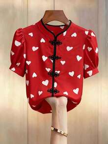 Chiquease 女士爱心印花立领撞色纽扣短袖修身衬衫，适合情人节、约会、日常穿着、夏季上衣，优雅百搭，适合度假、节日等场合。 - 紅色 - 查看 1