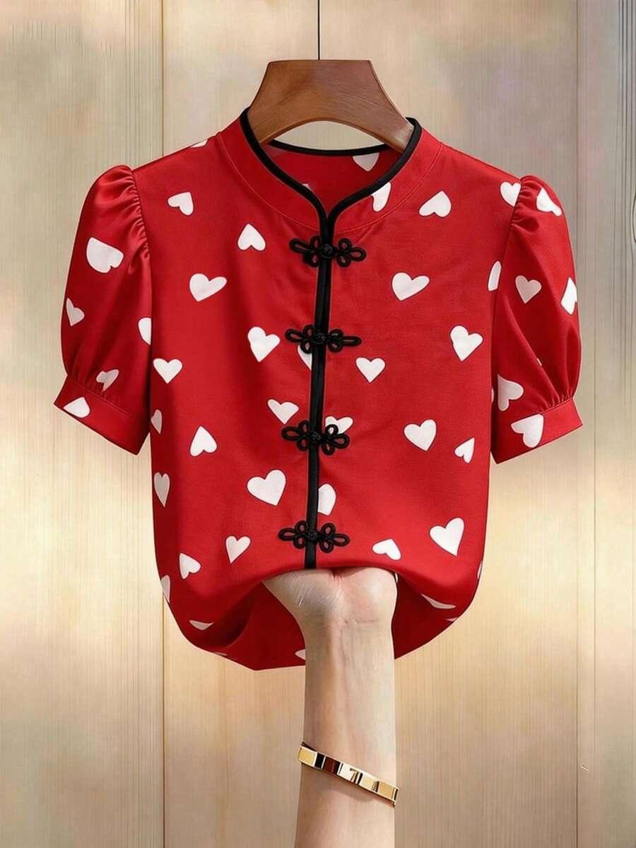 Chiquease 女士爱心印花立领撞色纽扣短袖修身衬衫，适合情人节、约会、日常穿着、夏季上衣，优雅百搭，适合度假、节日等场合。 - 紅色 - 查看 1