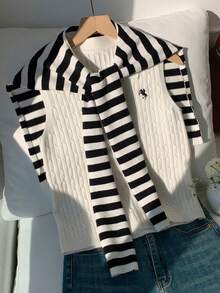 Muchica Women's Casual Everyday Sleeveless Cable Knit Top - Black and White - View 3