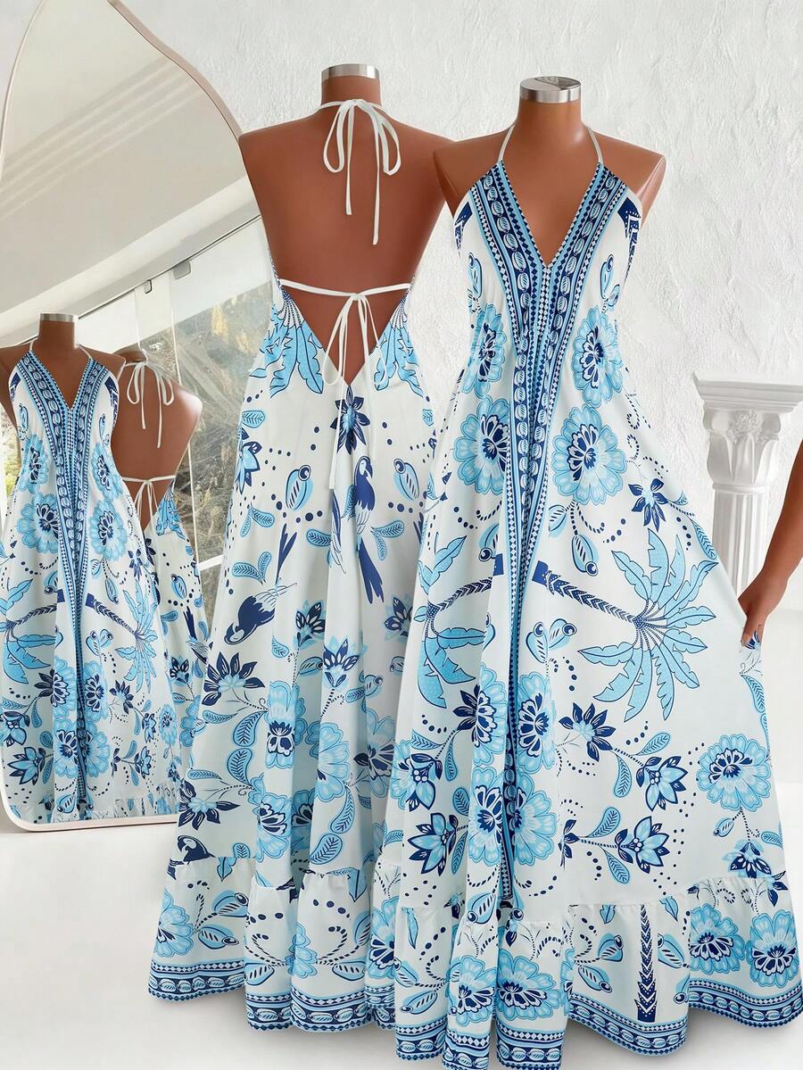 Franclia Women's Summer Vacation Casual Halter Backless Printed Dress - Blue - View 1