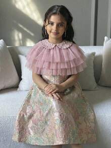 SHEIN 少女優雅網紗領口綴珠對比色彼得潘領紋理A字洋裝套裝 - 粉色 - 查看 3