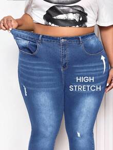 SHEIN CURVE+ Quần jeans lửng dáng ôm màu xanh dương, kiểu dáng thường ngày, gợi cảm, dành cho người có thân hình đầy đặn. - Rửa nhẹ - Xem 1