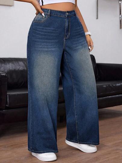 SHEIN CURVE+ Plus Size Women Cowgirl Vintage Style Loose Straight Leg Blue Jeans, Rodeo Outfits