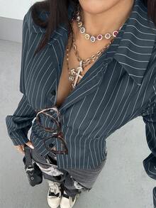 StreetHx 女士复古条纹修身衬衫 - 藏蓝色 - 查看 5
