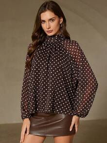 Aveloria Rosie 立领长袖衬衫，蝴蝶结袖口，波点内衬 - 棕色 - 查看 6