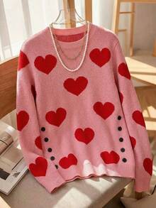 EMERY ROSE Plus Size Women Heart Pattern Button Decor Casual Pullover Sweater, Suitable For Autumn/Winter, Valentine's Day - Pink - View 6